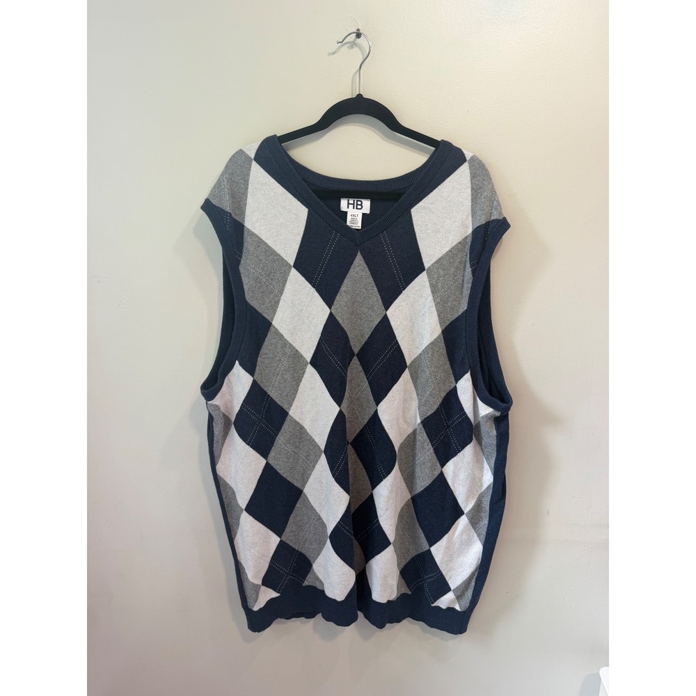 HB Harbor Bay Mens 4XLT Argyle Sweater Vest Navy Blue Grey V-Neck Big & Tall